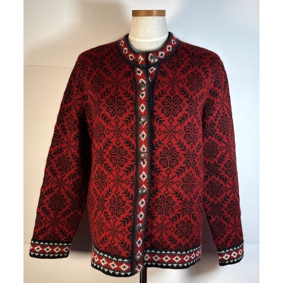 L.L. Bean Sweaters - LL Bean Nordic Cardigan Merino Wool Small Red Button Fair Isle   C-44" Med L